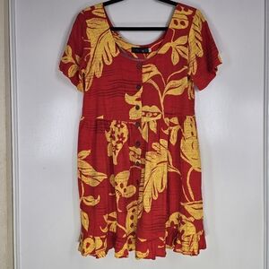 Vintage 90s Jams World Red Yellow Leaf Print Tropical Babydoll Dress Women‎ Sml